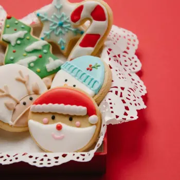 Basket of decorated holiday sugar cookies.