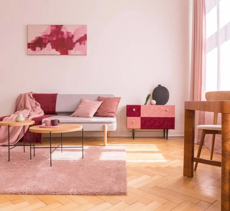 Modern pink condo living space in condo.