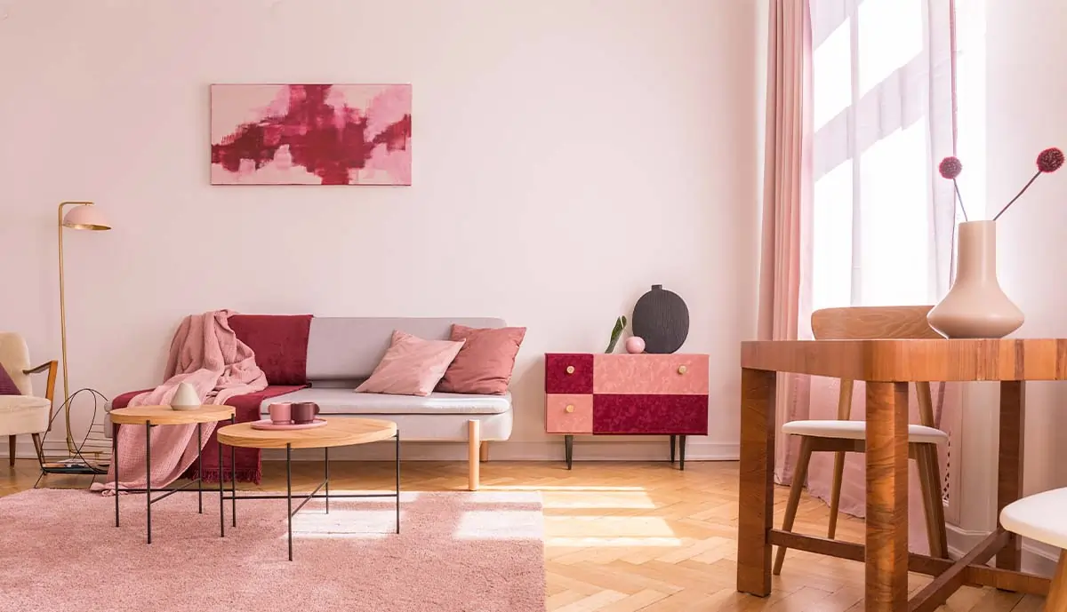 Modern pink condo living space.