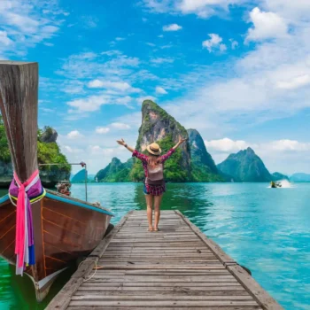 Tourist on a deck at Phang-Nga bay in Thailand.