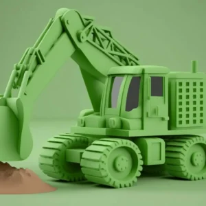 Green excavator truck on construction site.