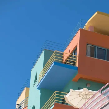 Colourful condo building.