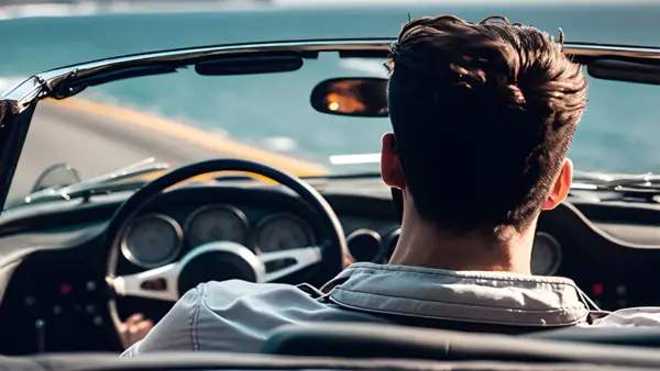 Young man driving in a convertible sports car photo from behind