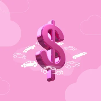 Pink dollar sign floating in clouds.