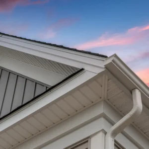 Eavestrough and siding on a house.