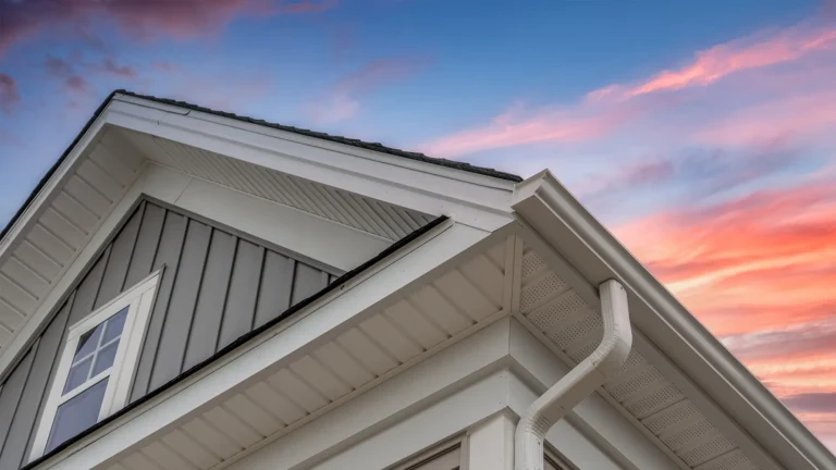 Eavestrough and siding on a house.